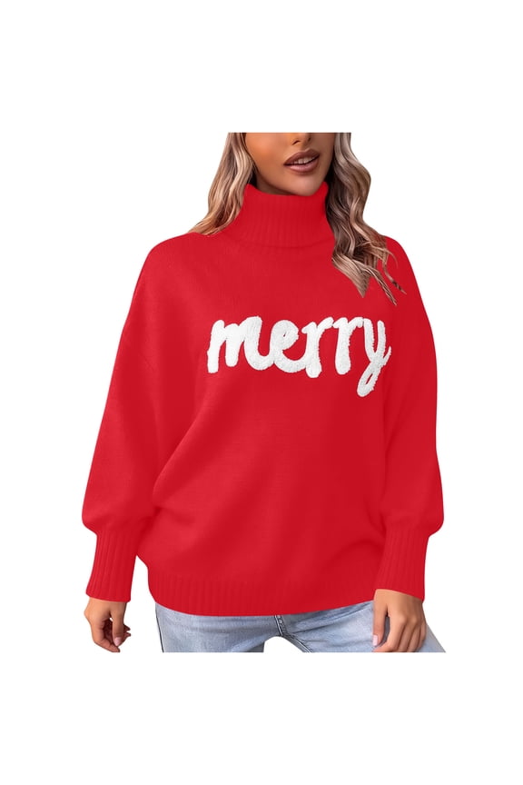 Merry Sweater Women Christmas Knitted Turtleneck Sweaters Funny Holiday Xmas Long Sleeve Graphic Pullover Tops Red, M