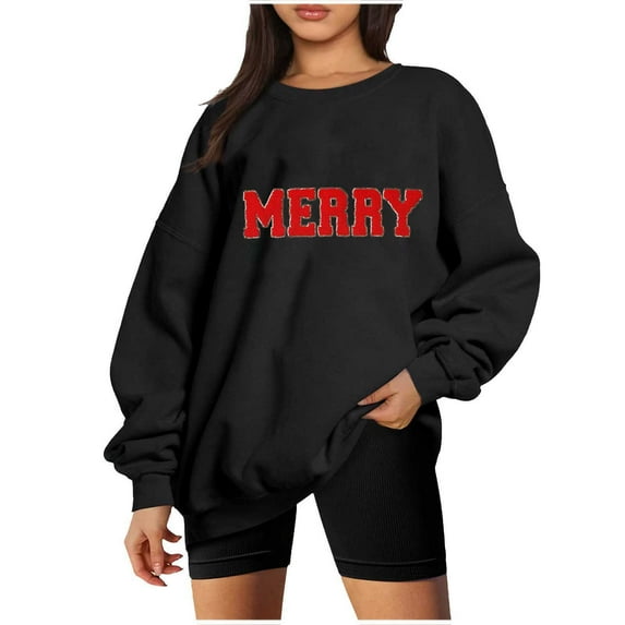 Merry Sweatshirt for Women Christmas Fleece Linend Sweaters Crew Neck Oversized Long Sleeve Pullover Tops