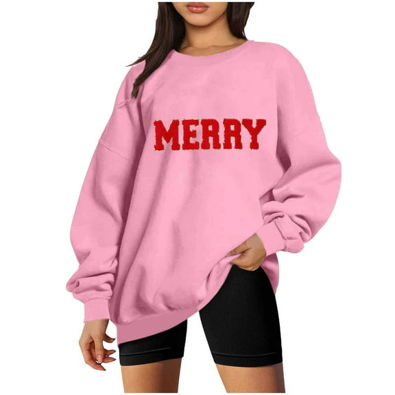 Merry Sweatshirt for Women Christmas Fleece Linend Sweaters Crew Neck Oversized Long Sleeve Pullover Tops