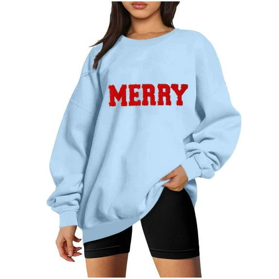 Merry Sweatshirt for Women Christmas Fleece Linend Sweaters Crew Neck Oversized Long Sleeve Pullover Tops