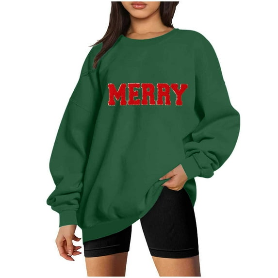 Merry Sweatshirt for Women Christmas Fleece Linend Sweaters Crew Neck Oversized Long Sleeve Pullover Tops