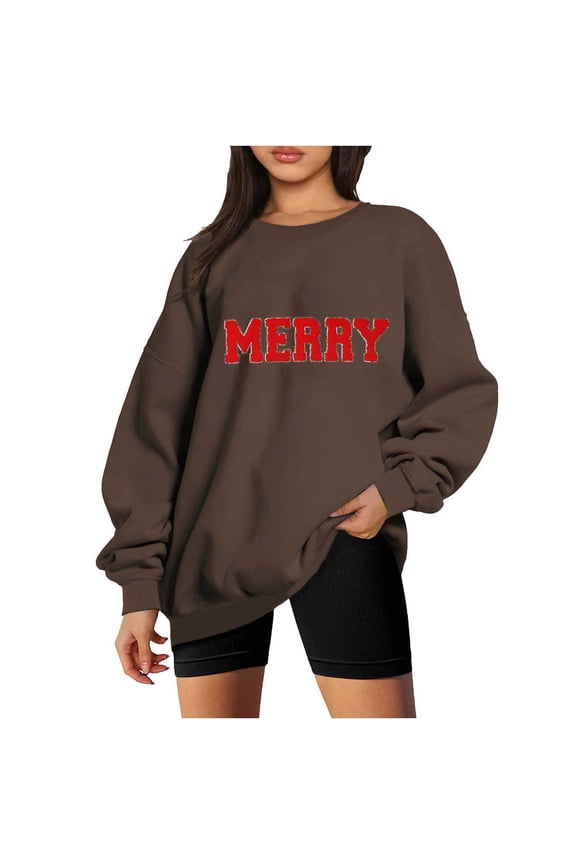 Merry Sweatshirt for Women Christmas Fleece Linend Sweaters Crew Neck Oversized Long Sleeve Pullover Tops