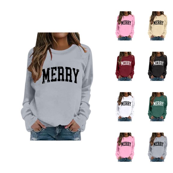 Merry Sweatshirts for Women 2025 Long Sleeve Crewneck Christmas Sweatshirt Pullover Tops Xmas Holiday Outfits