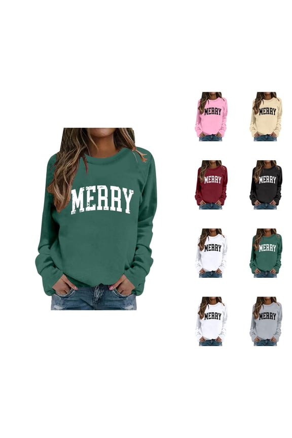 Merry Sweatshirts for Women 2025 Long Sleeve Crewneck Xmas Holiday Merry Christmas Graphic Sweatshirt Pullover Tops