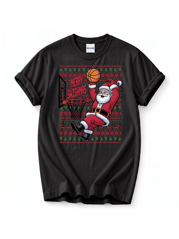 Merry Swishmas Basketball Christmas T-Shirt, Santa Dunking Graphic Tee, Funny Holiday Sports Gift