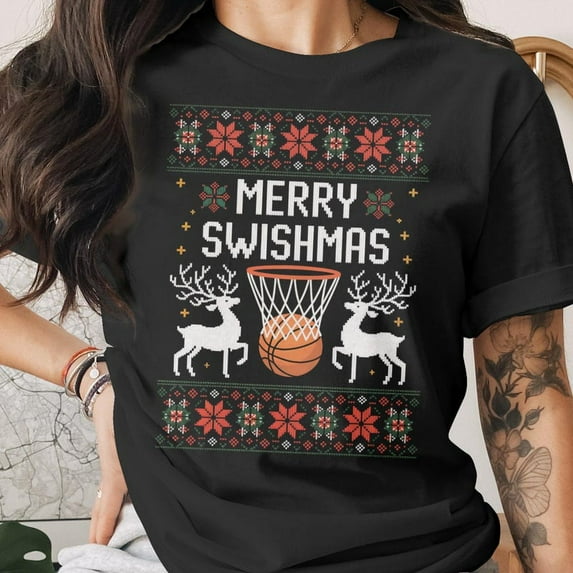 Merry Swishmas Basketball Holiday Festive Ugly Sweater T Shirt, for men and women up to 5XL
