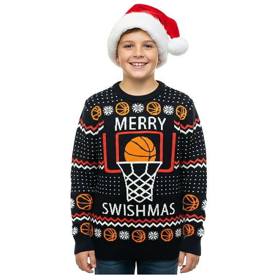 Merry Swishmas Kids Ugly Christmas Sweater Funny Basketball Holiday Shirt for Boys and Girls Kids sweater Medium Multicolor