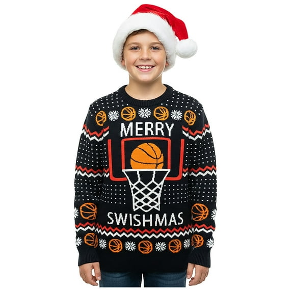Merry Swishmas Kids Ugly Christmas Sweater Funny Basketball Holiday Shirt for Boys and Girls Kids sweater Small Multicolor