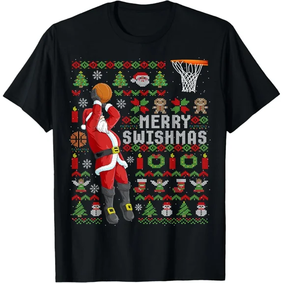 Merry Swishmas Ugly Christmas Basketball Christmas Unisex T-Shirt, for men & women, up to size 5XL