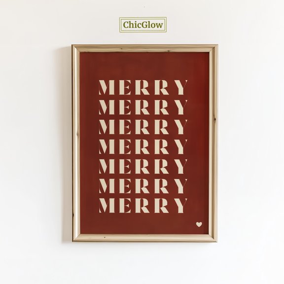 Merry Typography Poster – Deep Red Minimalwall Art, Modern Festive Decor, Unframed Poster Size 8x12