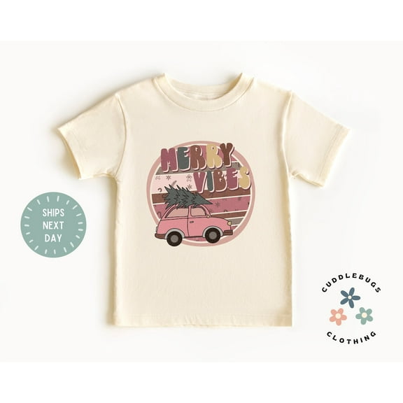 Merry Vibes Kids Tee - Retro Vintage Car Holiday Kids Shirt - Gift For Boy Girl - Tis The Season - Natural Tee, New Born, Baby Shower Gift, New Parents Gift