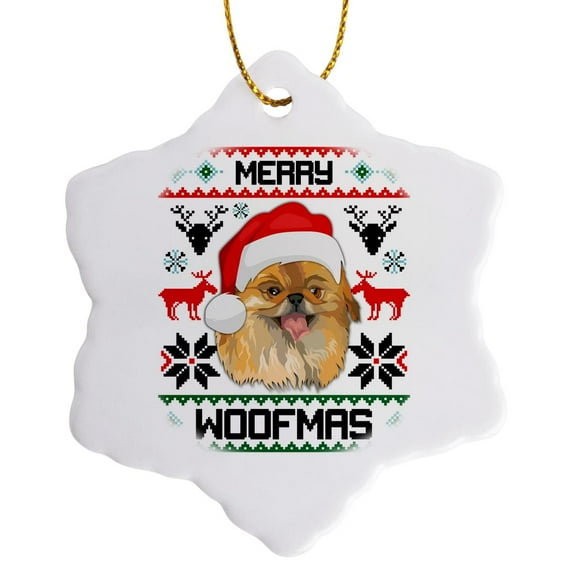 3drose, Merry Woofmas Pomeranian Dog Christmas Gift, 3 inch Snowflake Porcelain Ornament