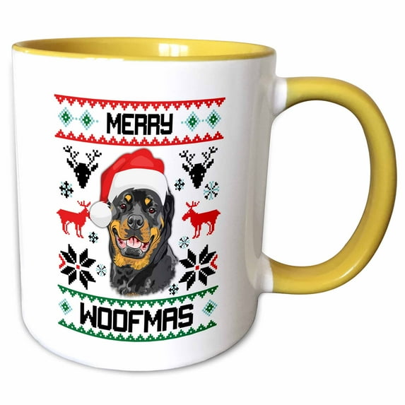 3drose, Merry Woofmas Rottweiler Dog Christmas Gift, 11oz Two-tone Yellow Mug