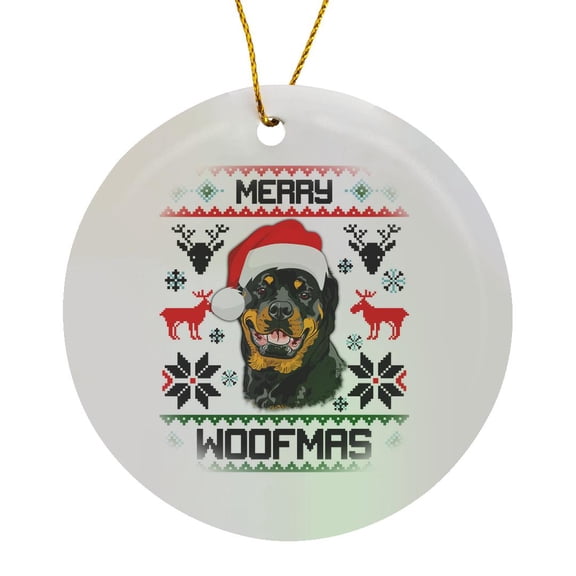 3drose, Merry Woofmas Rottweiler Dog Christmas Gift, Circle Porcelain Ornament