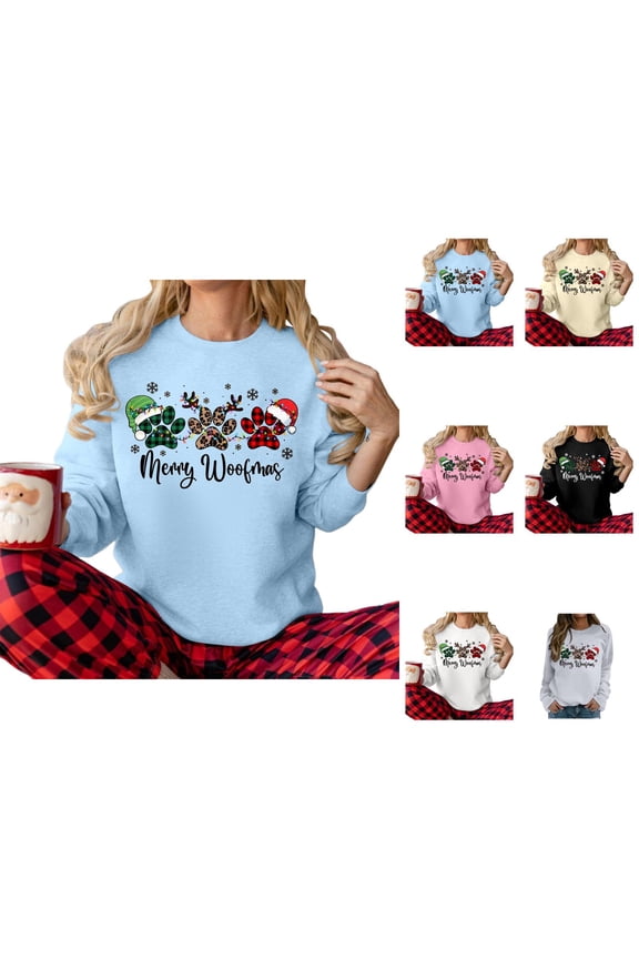 Merry Woofmas Sweatshirts for Women 2025 Long Sleeve Crewneck Cute Christmas Graphic Sweatshirt Pullover Tops