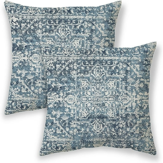 Boho Pillow Covers 18x18,Navy Blue Ethnic Design Outdoor Decorative Throw Pillows for Couch, Carpet Pattern Decor Cushion Cover 2 Pcs Farmhouse Linen Pillowcase for Bed Car Safa