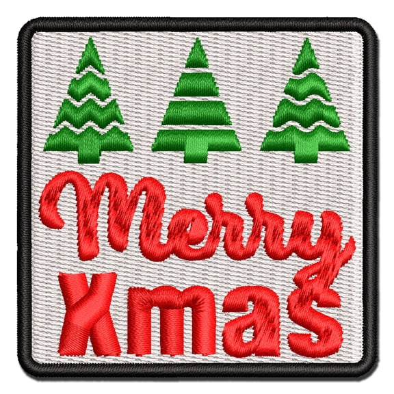 Merry Xmas Christmas Trees Applique Multi-Color Embroidered Iron-On Patch - 2.0 Inch Mini