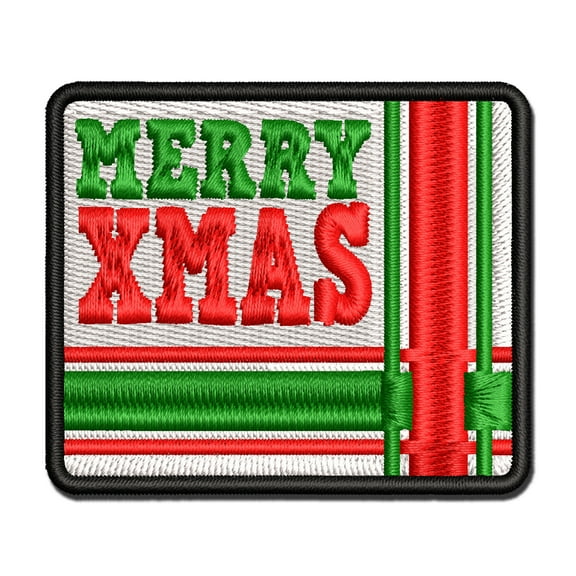 Merry Xmas Christmas with Corner Ribbon Applique Multi-Color Embroidered Hook & Loop Patch - 3 Inch Medium