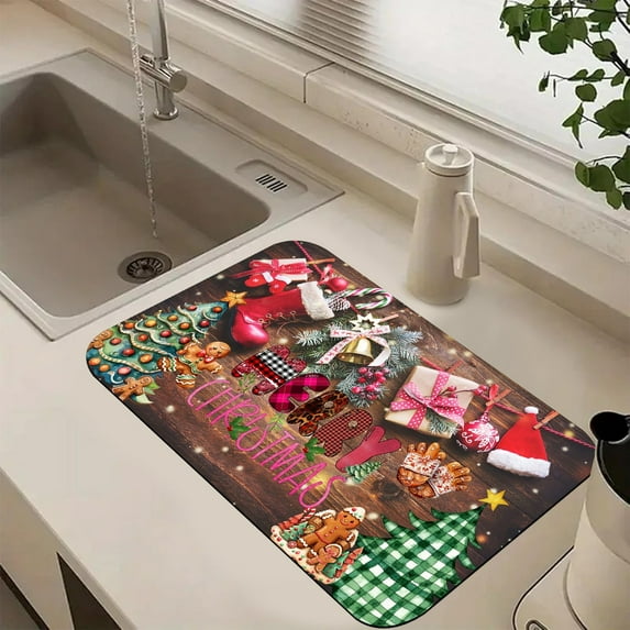 Merry Xmas Dish Drying Mats Super Absorbent Dish Drainer Rack Pad Non-Slip Drying Mat for Kitchen Counter, 20"x12"