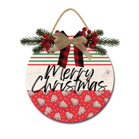 Merry Xmas Door Hanging Sign 11 inch Wooden Wall Sign, Rustic Holiday Wreath Decor for Front Door Porch Home Window Wall Farmhouse Decorations
