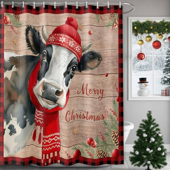 Merry Xmas Farm Cows Santa Hats Shower Curtain for Bathroom, Pine Branches Retro Plank Waterproof Shower Curtains Washable Quick Dry with Hooks Bathtub Curtains 72x72IN