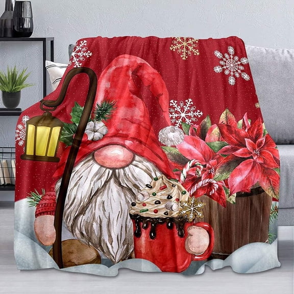 Merry Xmas Gnome Throw, Poinsettia Snowflake Red Flannel Fleece Blanket - Cozy Soft Warm - 50x60