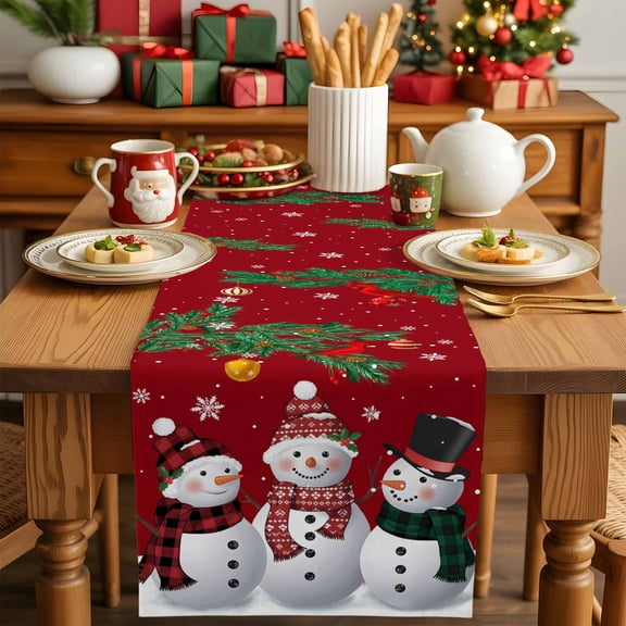 Merry Xmas Snowman Bird Winter Snow Table Runner 13x36in Non-Slip Cotton Linen Table Runners, Christmas Trees on Red Dresser Scarves TableRunner for Dinner Kitchen Dining Wedding Party