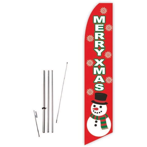 Merry Xmas Snowman Red Super Novo Feather Flag - Complete with 15ft Pole Set and Ground Spike