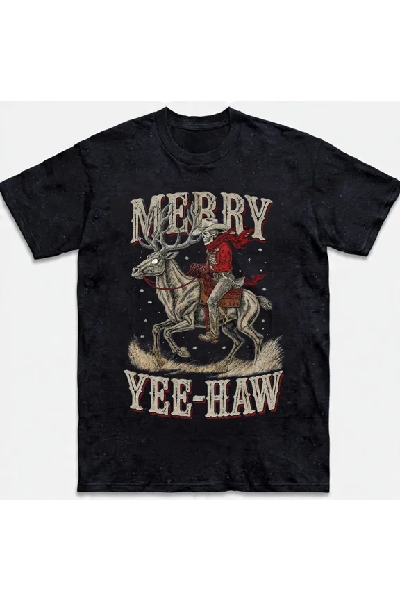 Merry Yee-Haw Skeleton Cowboy Reindeer Christmas Western Funny Sweater Unisex T-Shirt, up to Size 5XL
