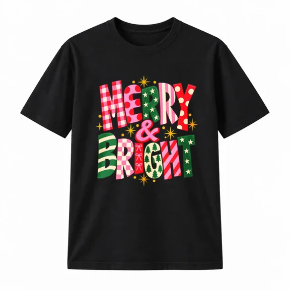 Merry and Bright Christmas Graphic T-Shirt Cotton Crew Neck Short Sleeve Tee