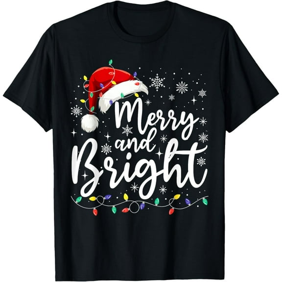 Merry and Bright Christmas Lights Santa Men Women T-Shirt