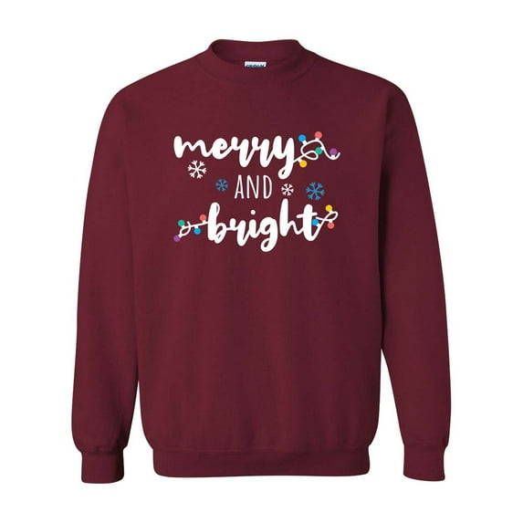 Merry and Bright Christmas Lights Unisex Adult Long Sleeve Crewneck Sweatshirt-Maroon-xxxl