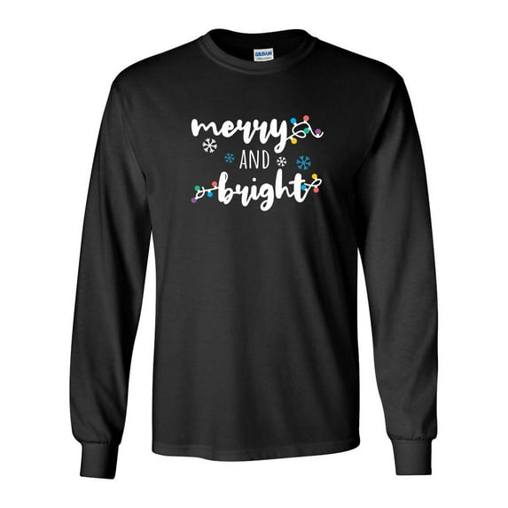 Merry and Bright Christmas Lights Unisex Adult Long Sleeve T-shirt-Black-xl
