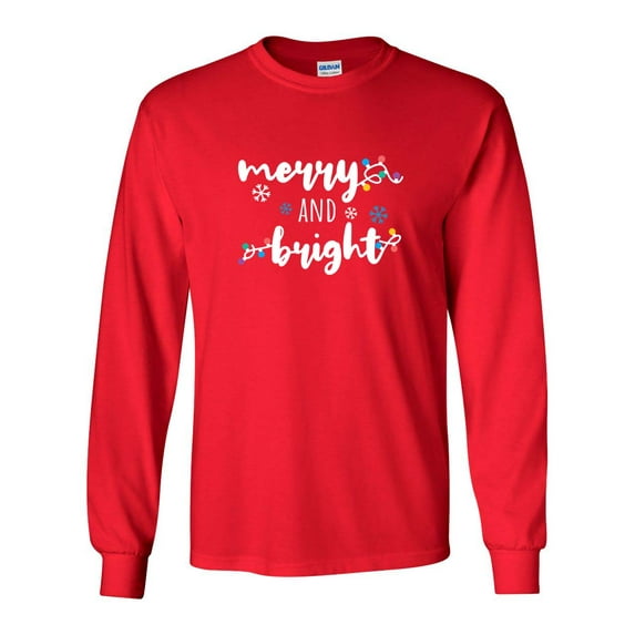Merry and Bright Christmas Lights Unisex Adult Long Sleeve T-shirt-Red-xl