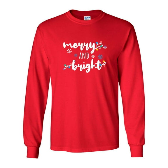 Merry and Bright Christmas Lights Unisex Adult Long Sleeve T-shirt-Red-xl