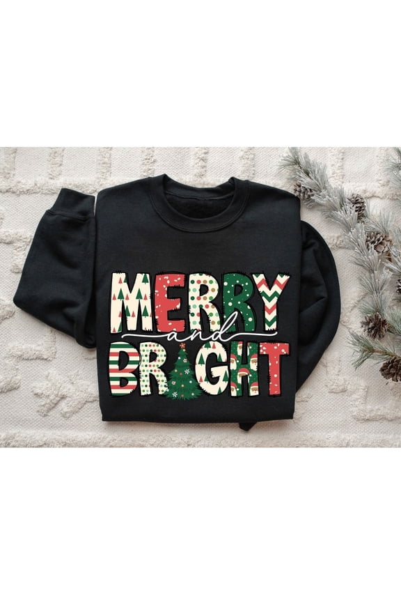 Merry and Bright Christmas Sweatshirt, Cozy Holiday Crewneck for Women and Family, Unisex Adult Casual Wear