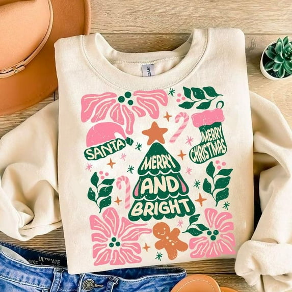 Merry and Bright Christmas Sweatshirt, Hand Drawn Holiday Tree Pullover, Candy Cane & Gingerbread Xmas Sweatshirt, Festive Holiday Vibes