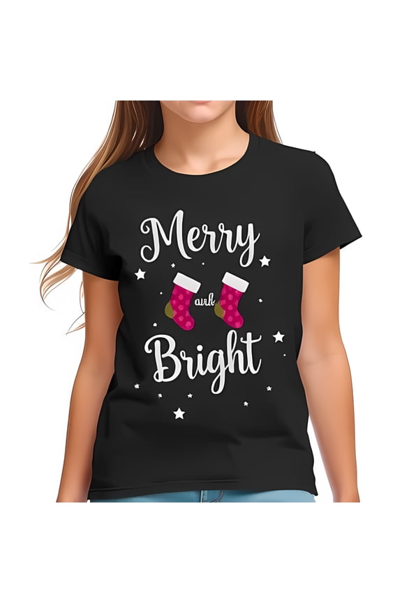 Merry and Bright Cotton Short Sleeve T-Shirt for Girls - Whimsical Christmas Design with Pink Stockings & Stars