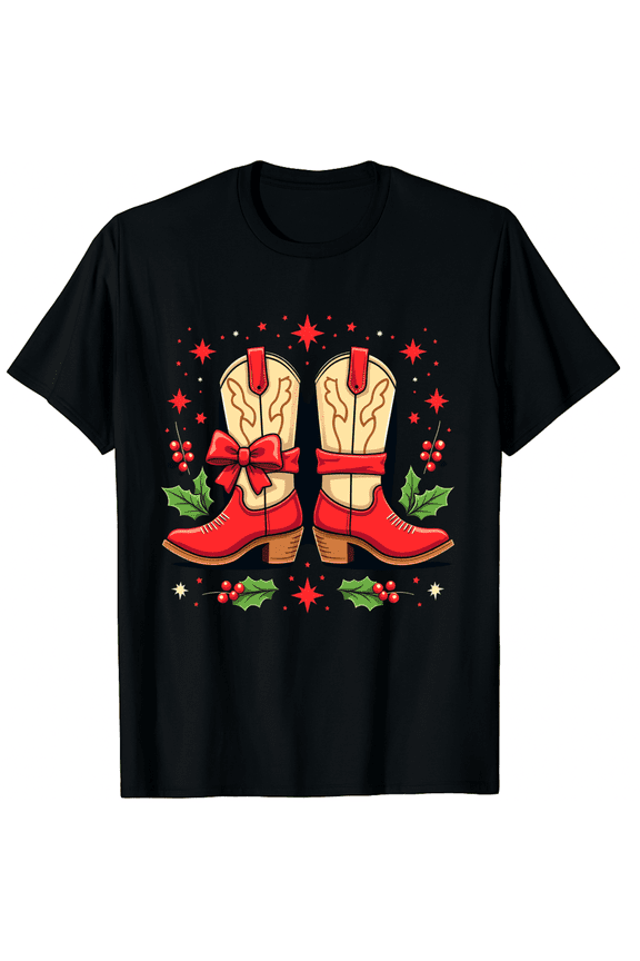 Merry and Bright Cowgirl Boot Christmas Western Cowboy Graphic Black T-Shirt for Men and Women