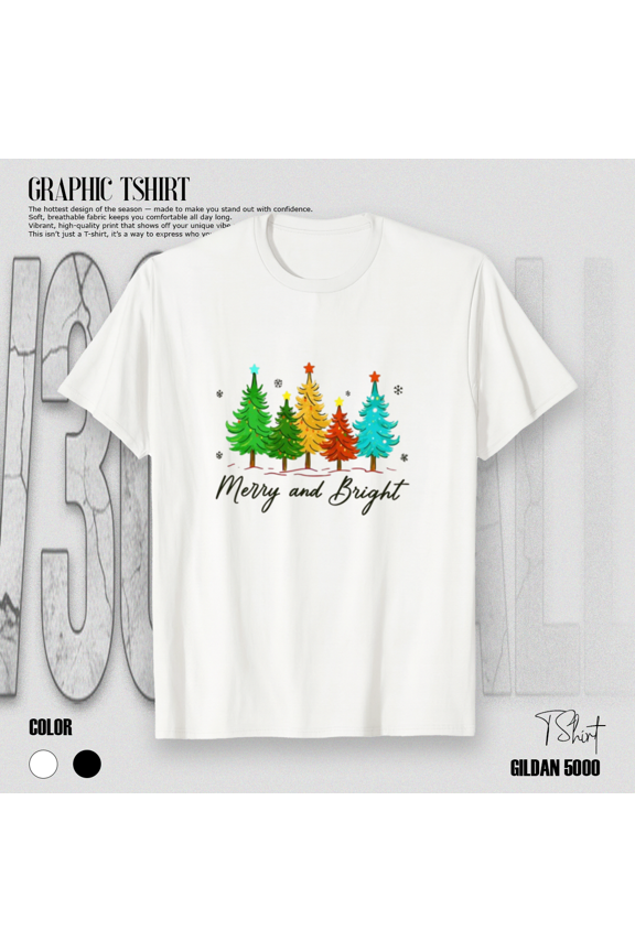 Merry and Bright Festive Holiday Joyful Winter Classic Graphic Unisex T-Shirt, up to size 5XL