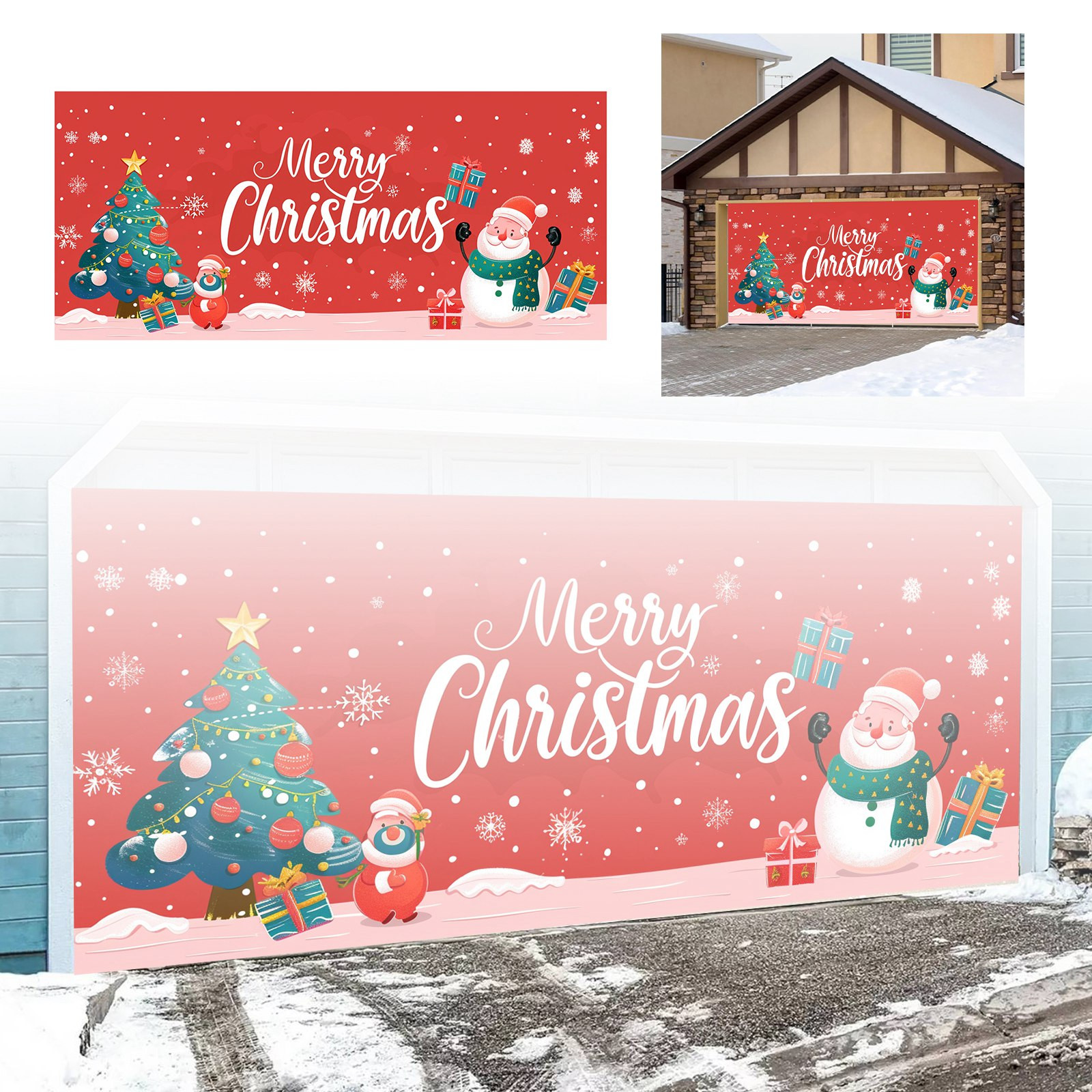 Merry and Bright Garage Banner Christmas Lights and Ornaments Design