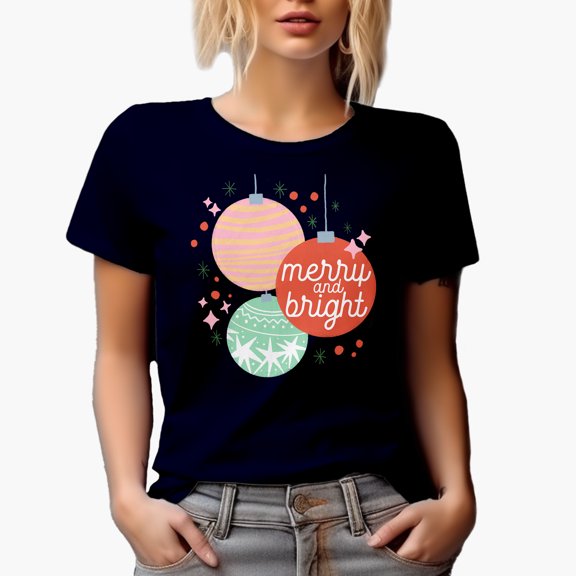 Merry and Bright & Hand Drawn Christmas Balls Art Merch Gift, Navy Blue T-Shirt, Medium