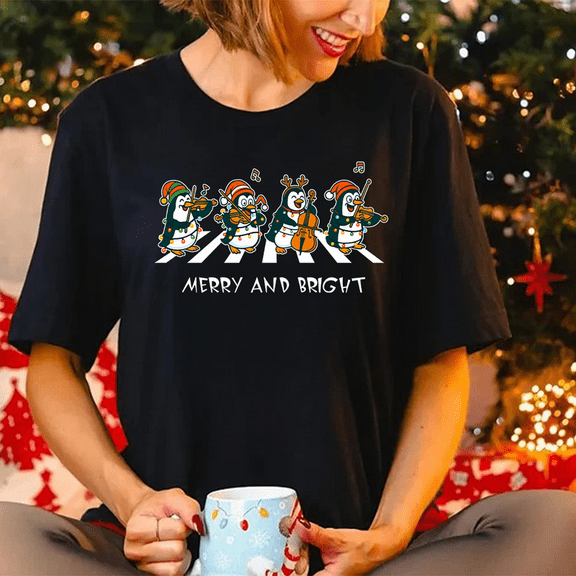 Merry and Bright Penguins Christmas T-Shirt, Cute Holiday Music Graphic Tee — Holiday Gift Idea
