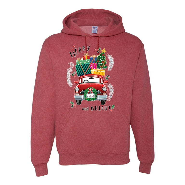 Merry and Bright Red Car Christmas Unisex Graphic Hoodie Sweatshirt Vintage Heather Red 3XL