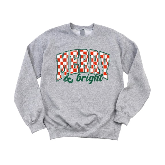 Merry and Bright Sweatshirt Retro Green and Red Check Christmas Pullover Gray Sweatshirt Youth X-Small