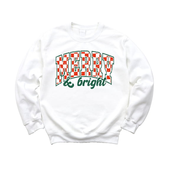 Merry and Bright Sweatshirt Retro Green and Red Check Christmas Pullover White Sweatshirt Youth X-Small