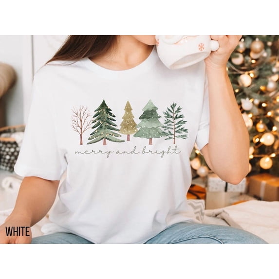 Merry and Bright Trees Womens Christmas Shirt Cute Holiday Tee Chic Winter Xmas Gift Top,White Color,Size L
