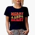 thumbnail image 1 of Merry and Bright with Christmas Trees, Winter Season or Party Themed, Groovy Retro Wavy Text Merch Gift, Navy Blue T-Shirt, 2XL, 1 of 5