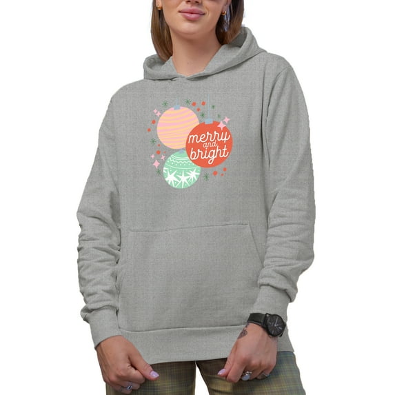 Merry and Bright with Hand Drawn Christmas Balls Art Merch Gift, Heather Grey Hooded Sweatshirt or Hoodie, 3XL