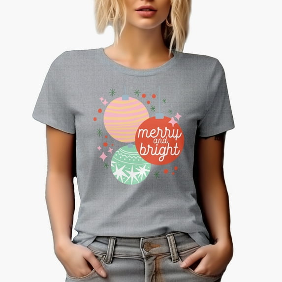 Merry and Bright with Hand Drawn Christmas Balls Art Merch Gift, Heather Grey T-Shirt, XL
